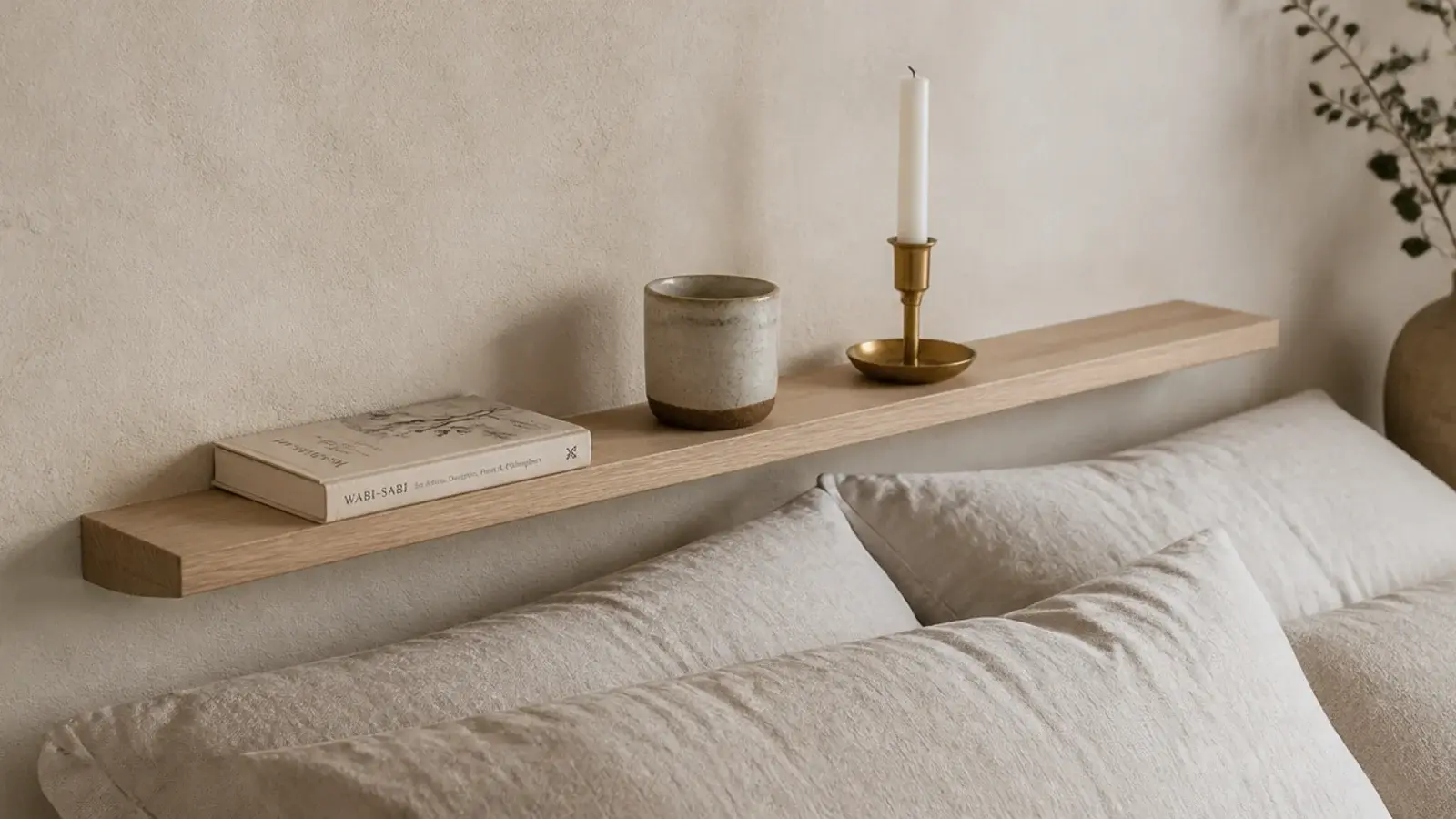 narrow oak ledge running the full bed width at pillow height above a mattress