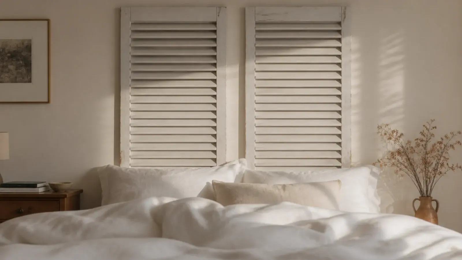 two tall louvered shutters standing behind a bed as a textural backdrop