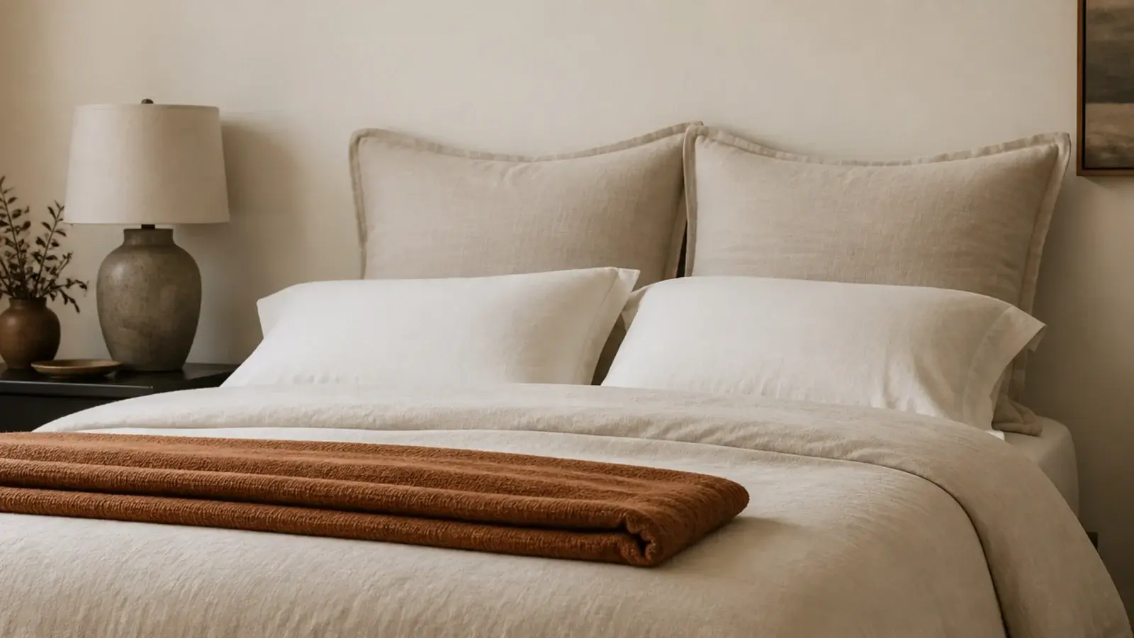 two large euro pillows standing upright against a wall behind a made bed