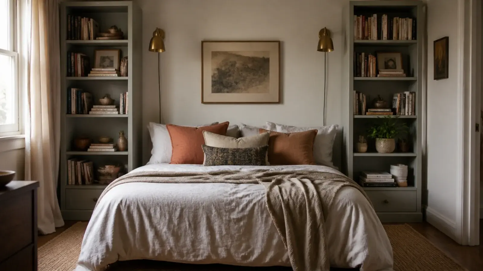 pair of slim bookcases standing either side of a bed forming a framed alcove