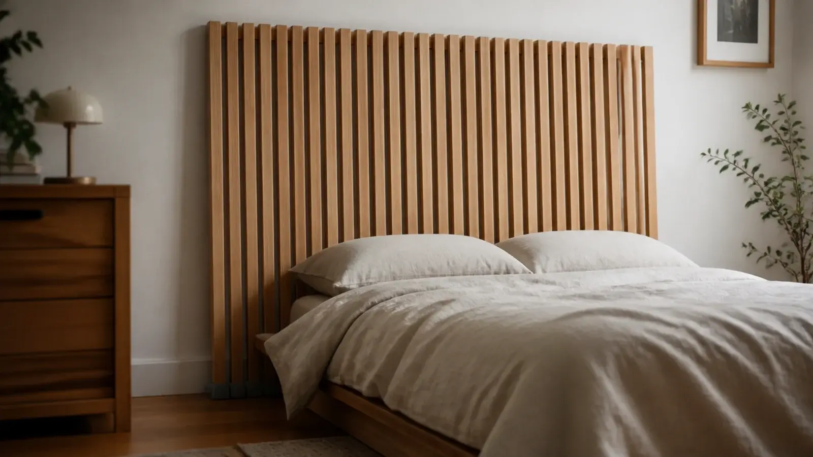 slatted timber screen leaning against a wall behind a low bed in a rental