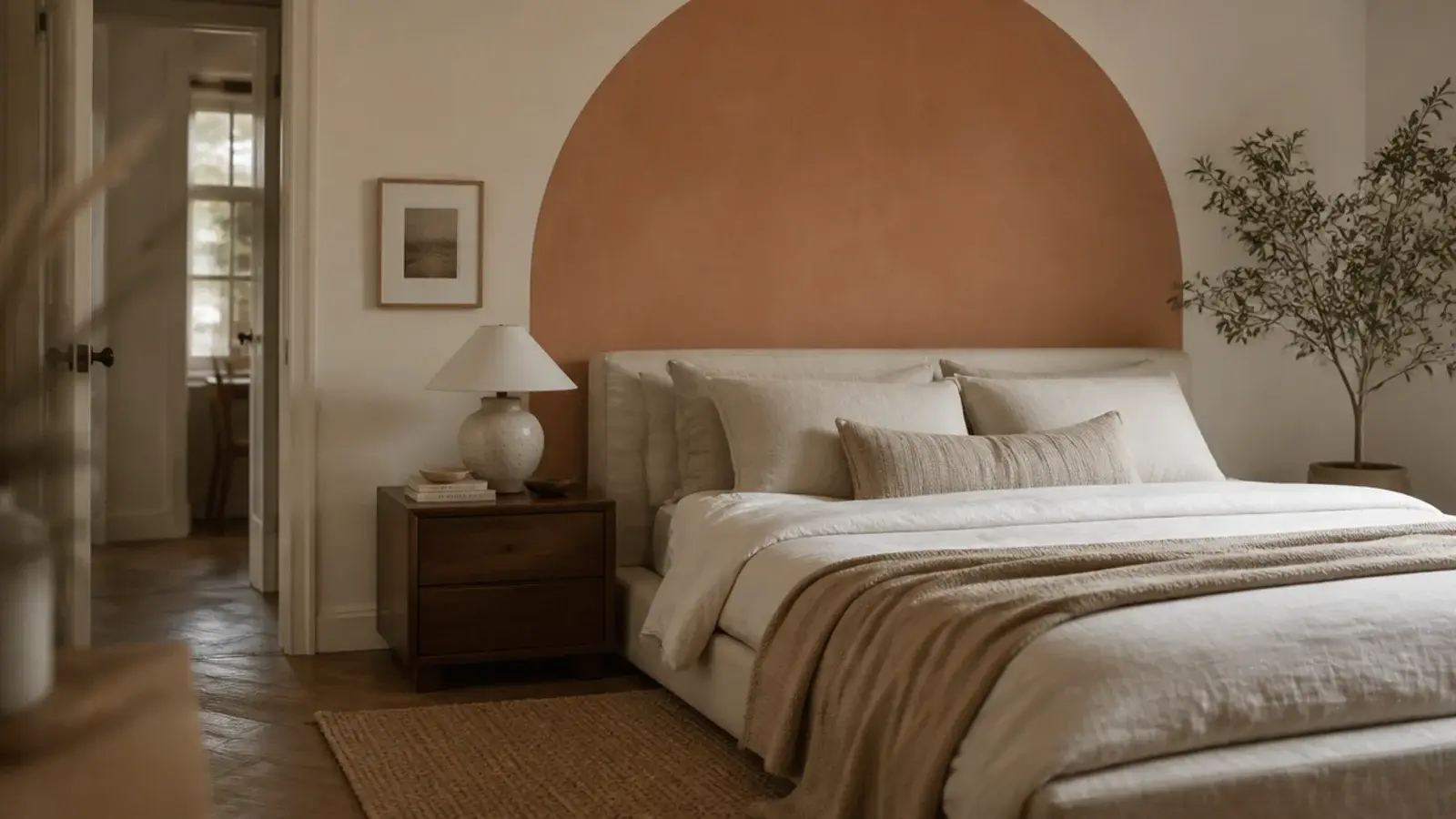 painted clay arch behind a linen bed used as a headboard alternative
