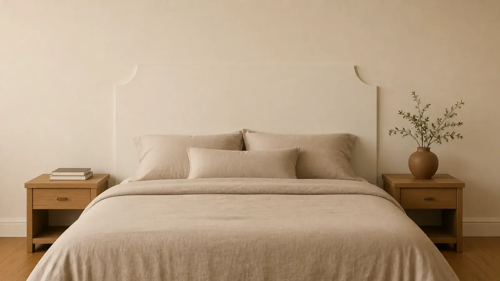 pine headboard repainted the wall color and blending into the plaster