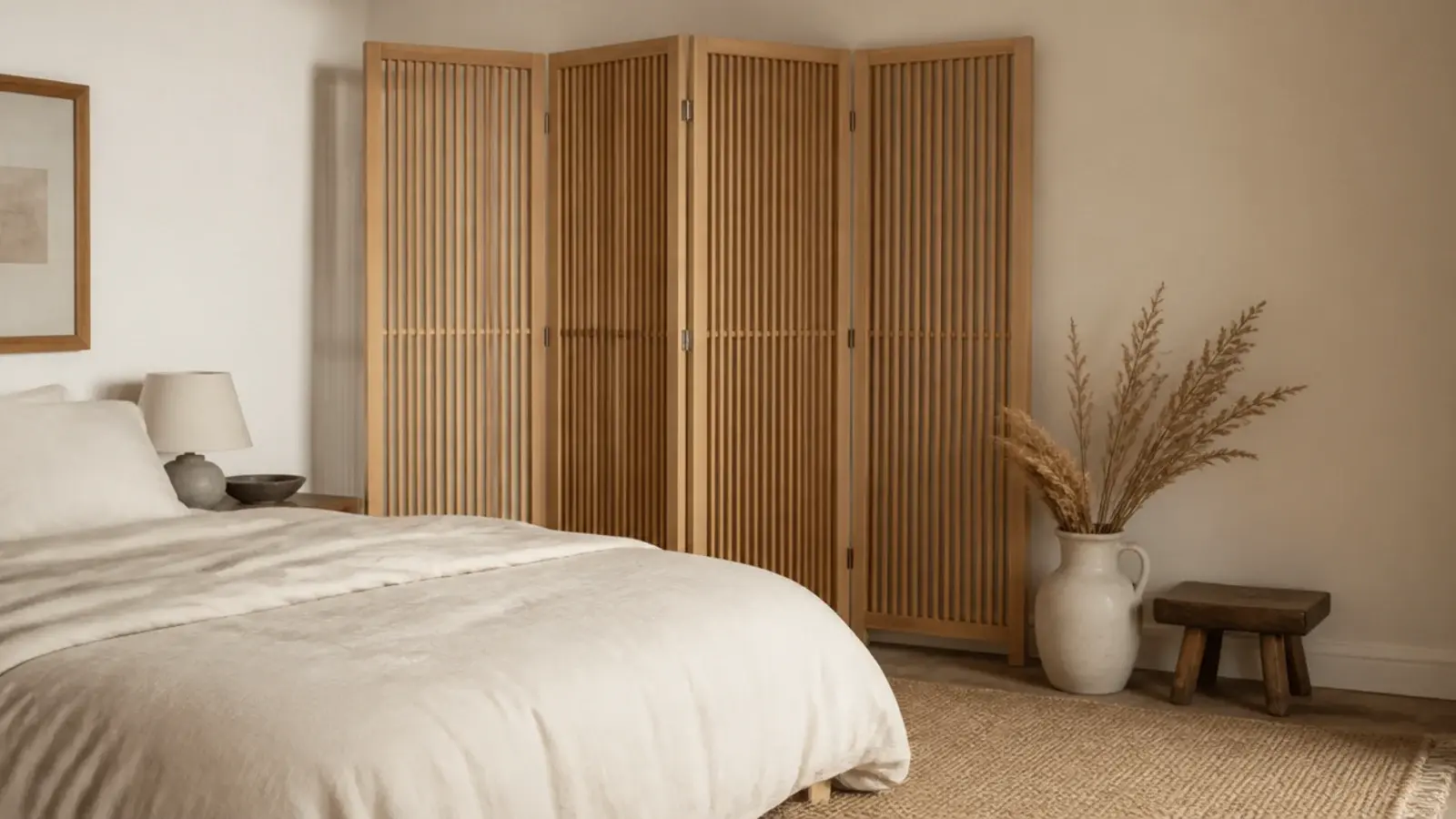 slatted screen leaning behind a rental bed with no wall fixings