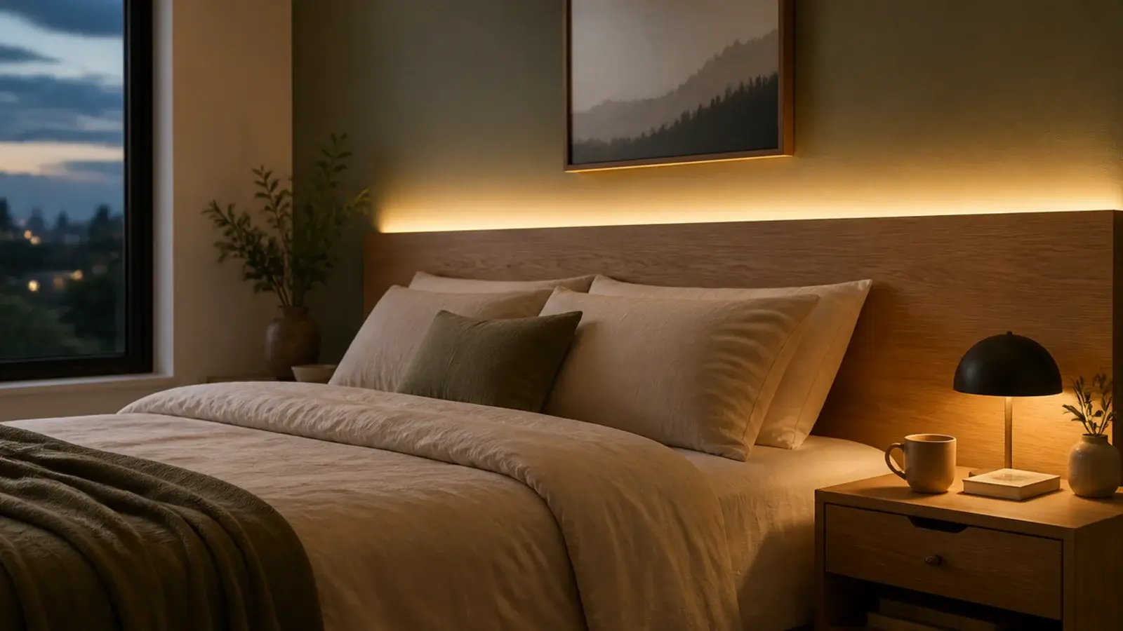 dark bedroom warmed by a backlit headboard and softer bulbs