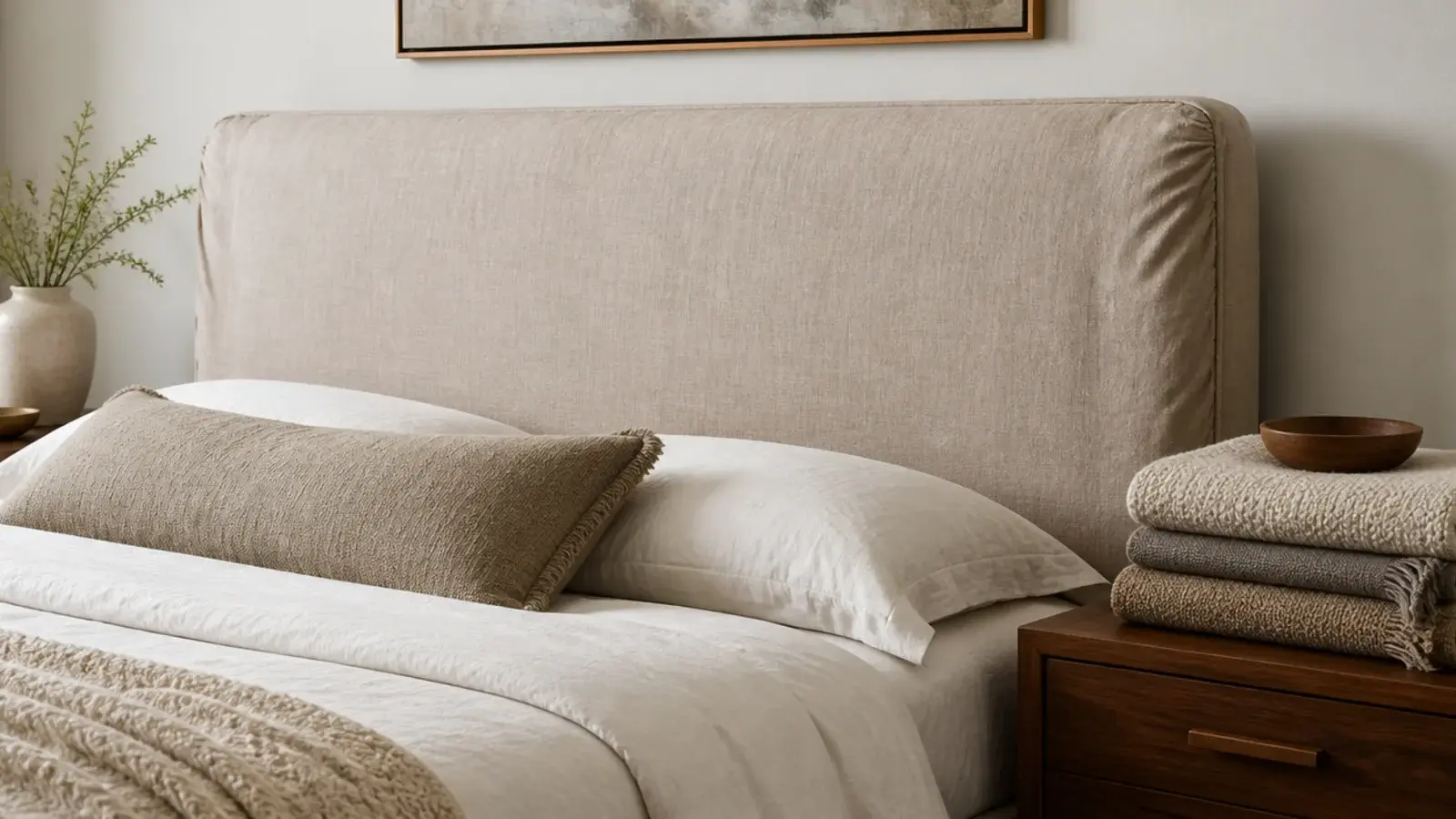 washable slipcover pulled over a marked upholstered headboard panel