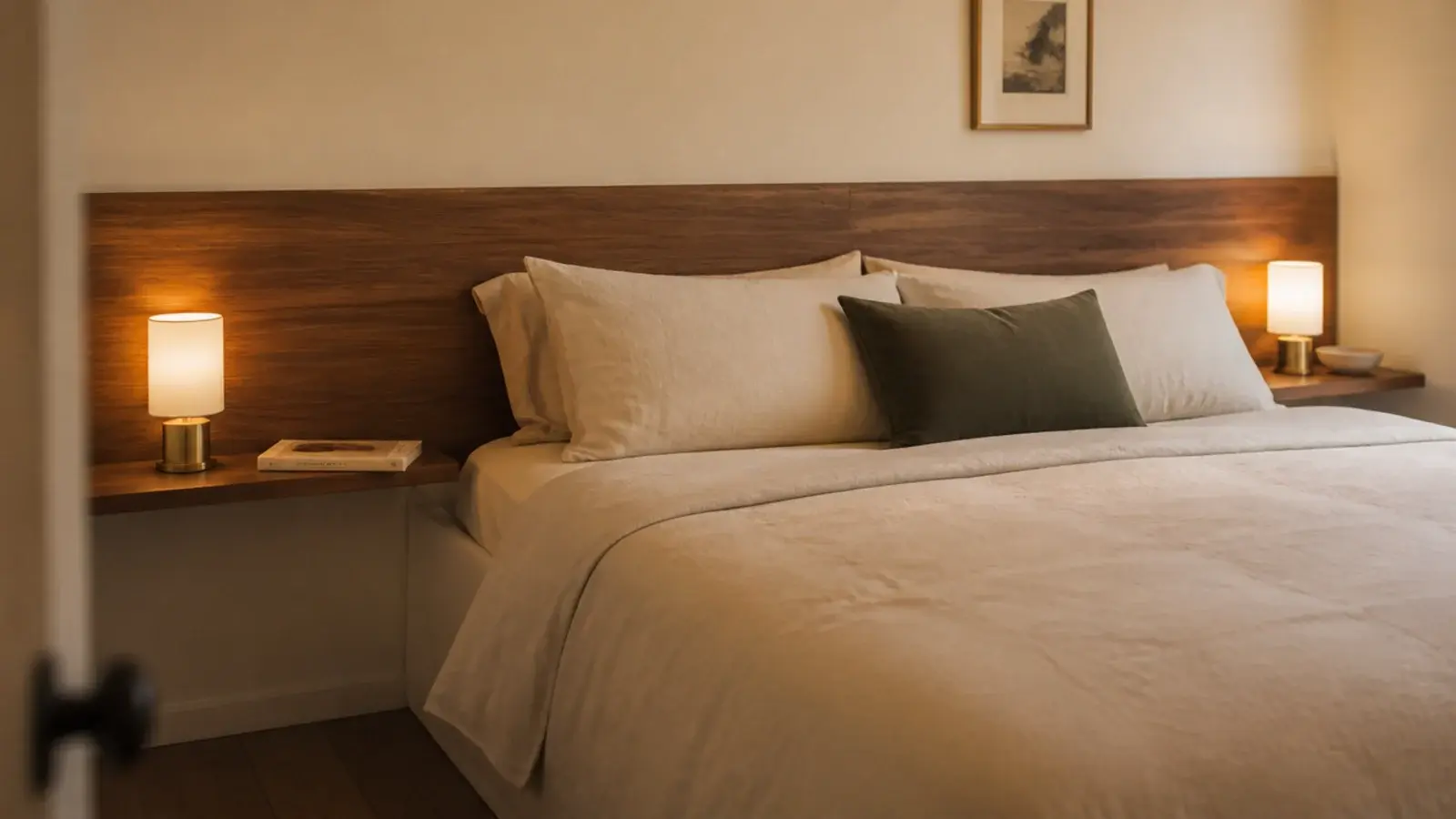floating ledges beside a headboard replacing bulky bedside tables