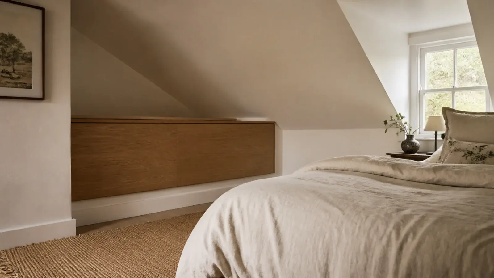 low wide headboard fitted to a knee wall under a sloped ceiling