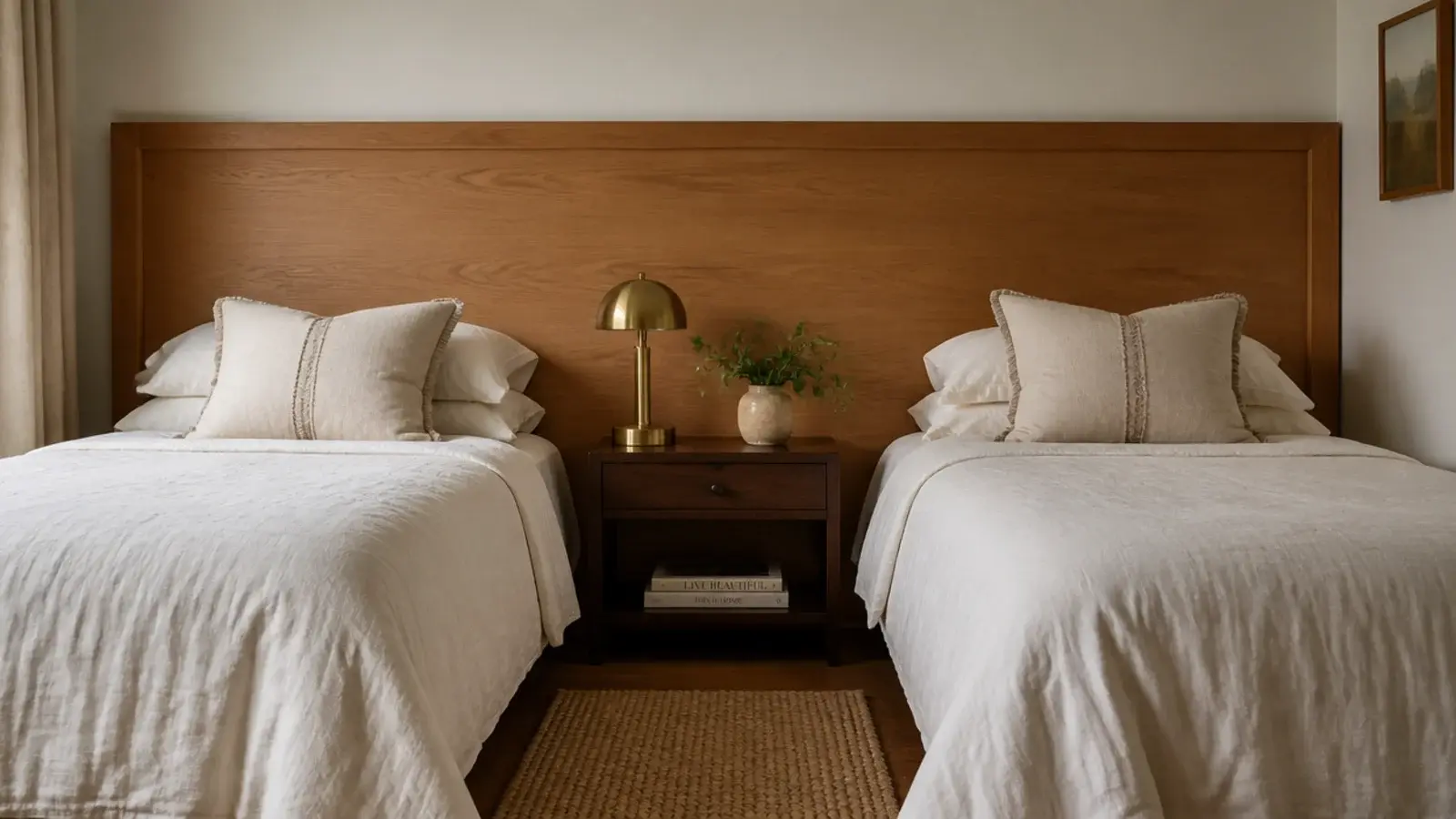 single long panel spanning behind two twin beds in a guest room