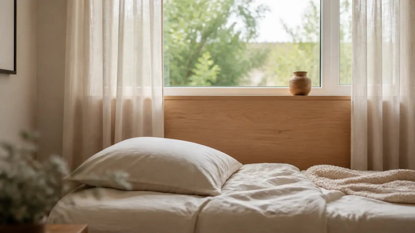 low headboard fitted under a window sill behind a made bed