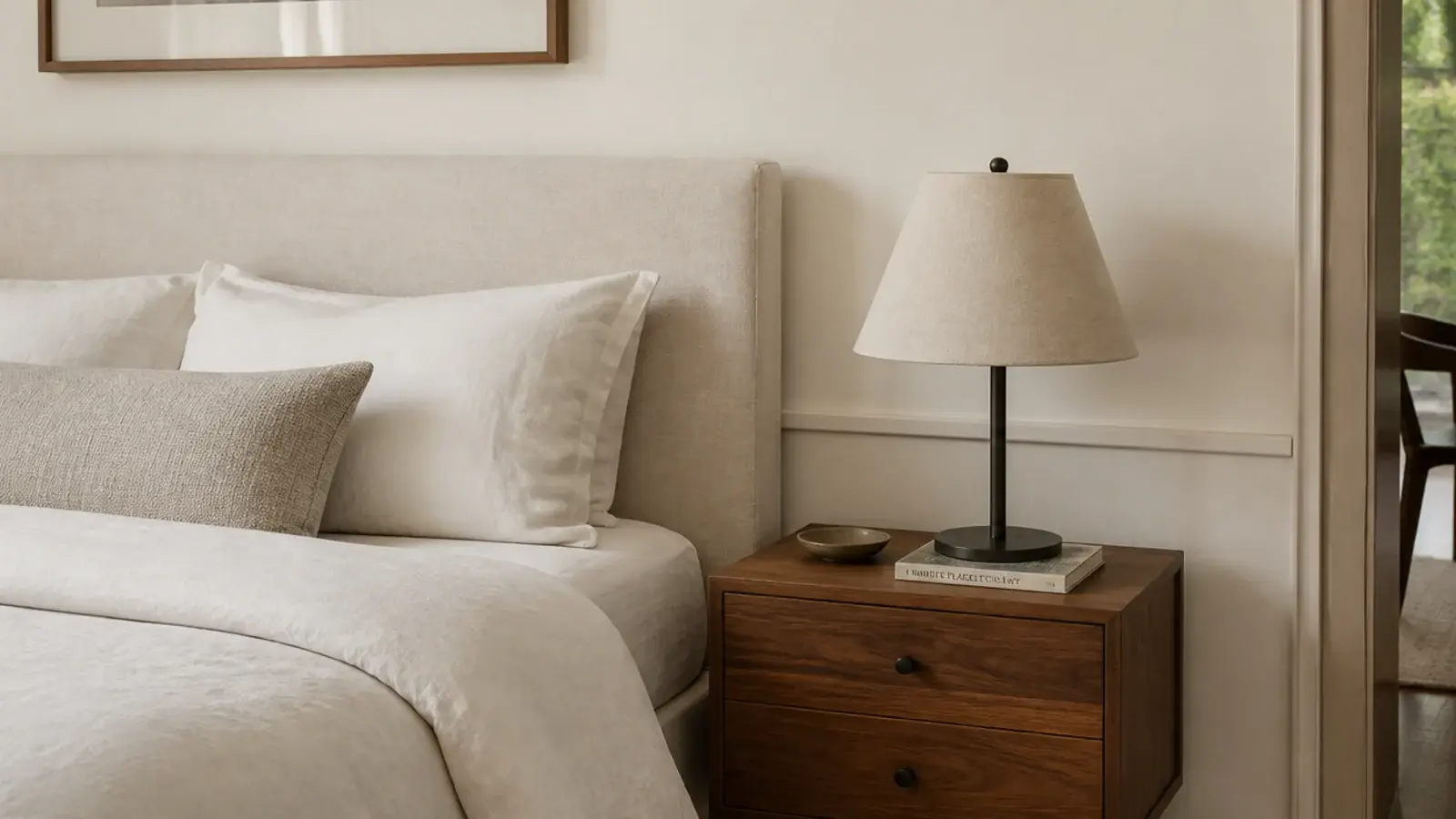 painted cable channel hiding cords behind a styled headboard wall