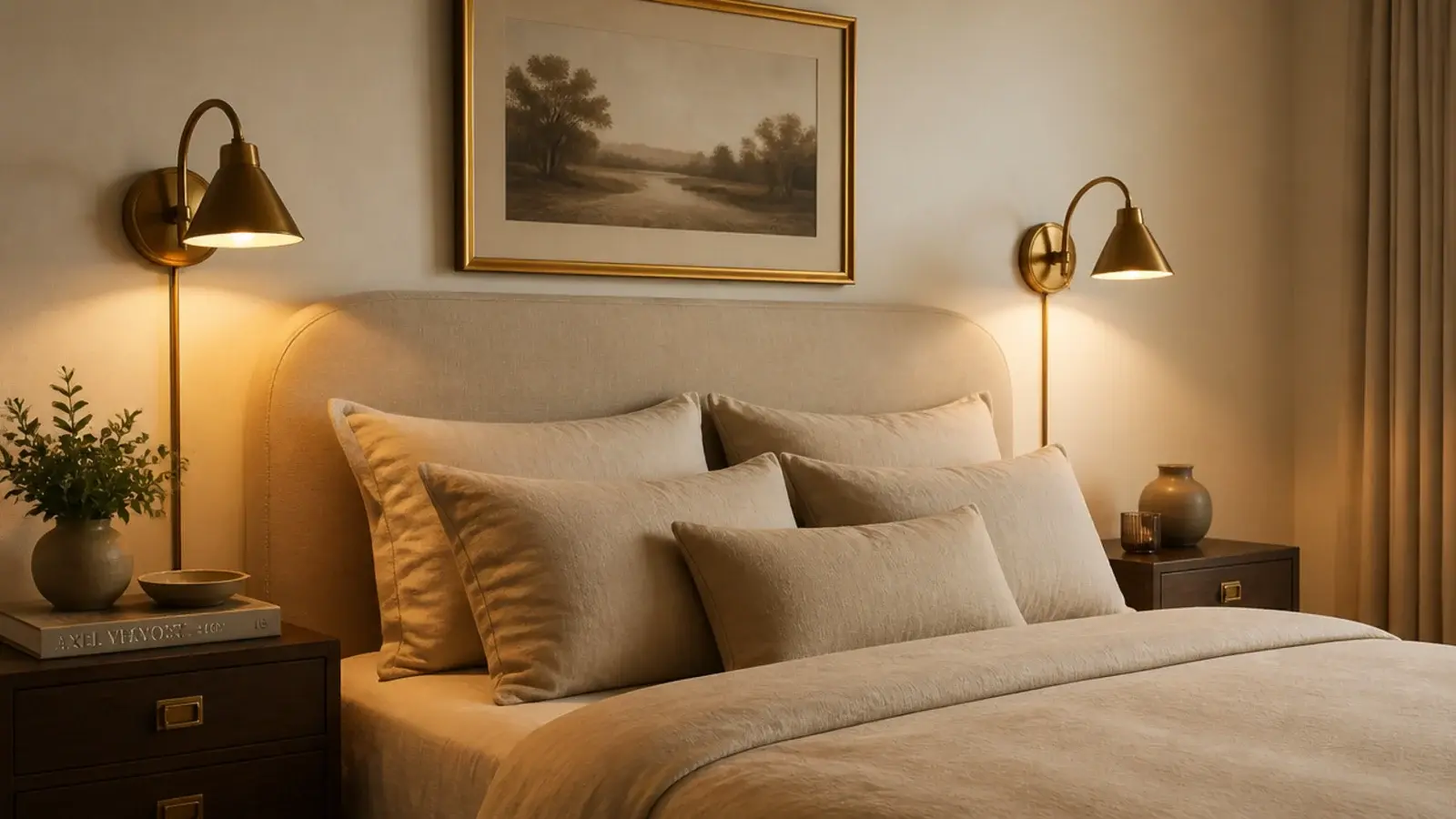 single brass finish repeated across sconces frames and drawer pulls