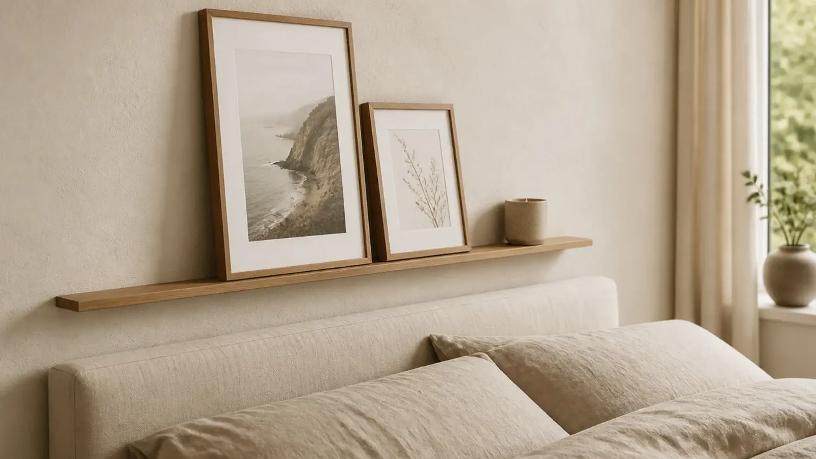 picture ledge added above a low headboard holding leaning prints