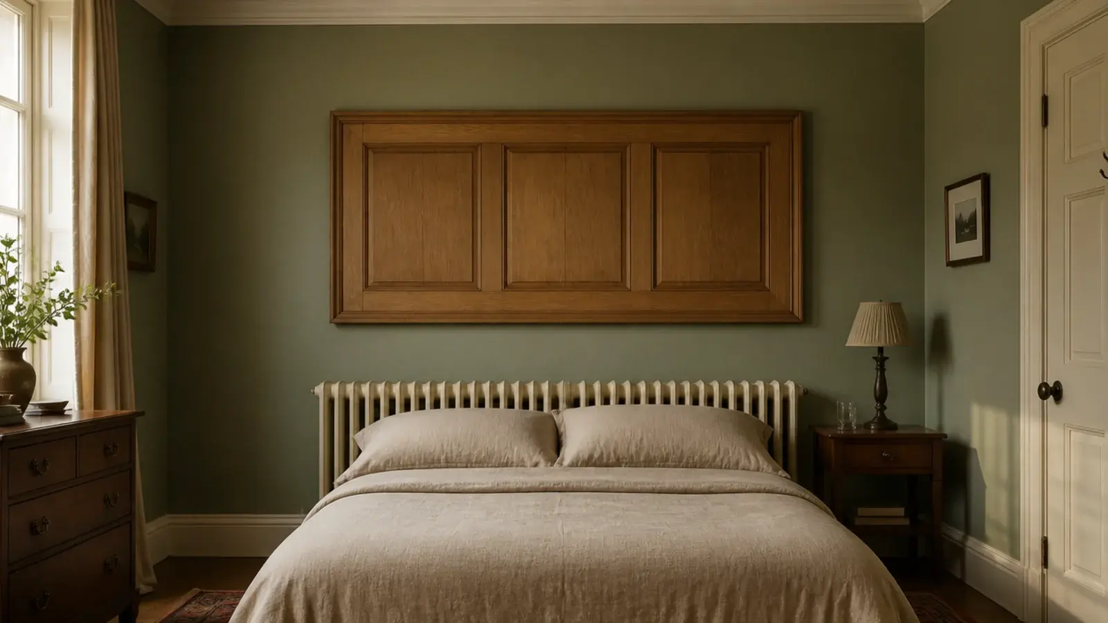 floating headboard mounted clear above a radiator on a bedroom wall