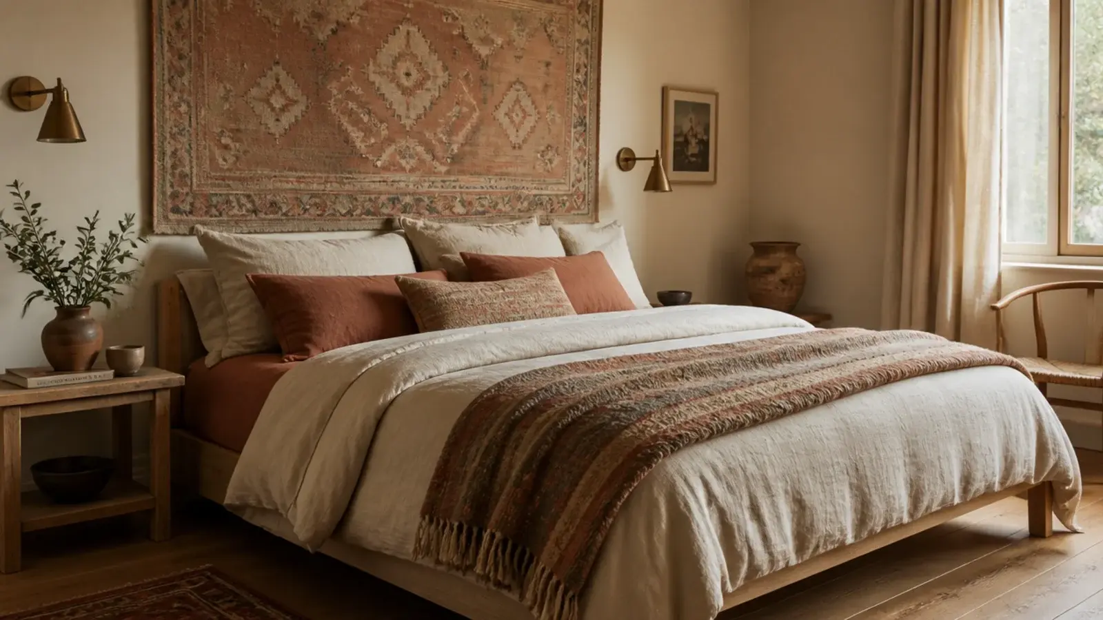 kilim and linen layers warming a bedroom that read cold before
