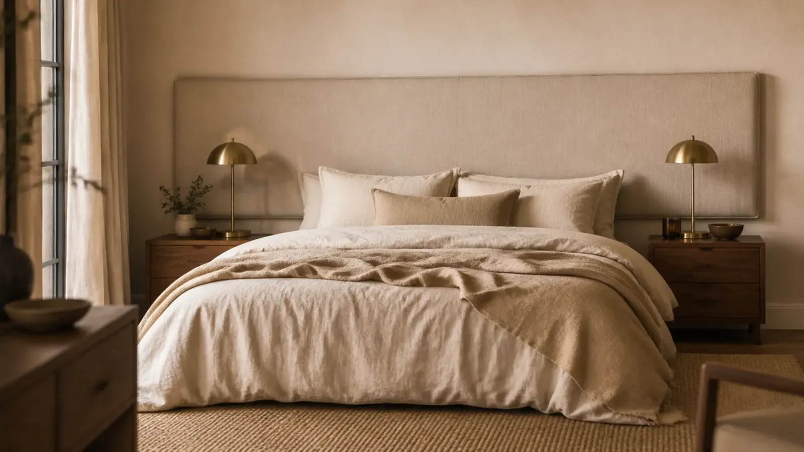 headboard before and after showing a bare wall turned soft and layered