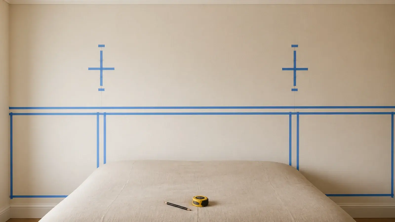 bare bed wall marked with tape showing headboard and sconce heights