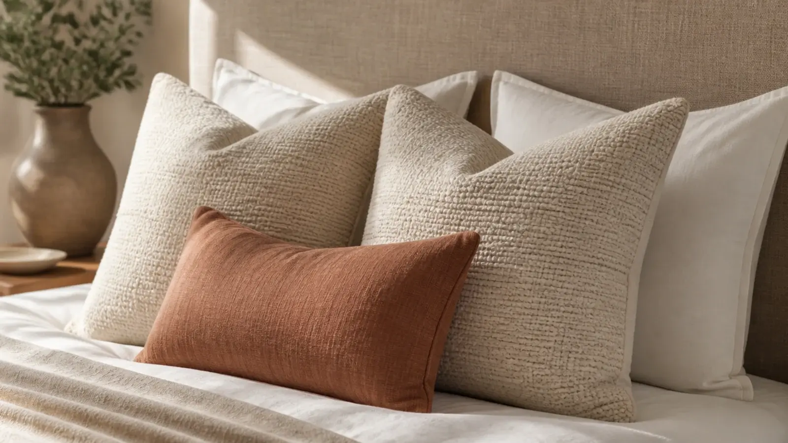 five layered pillows stacked against a linen headboard in neutral tones