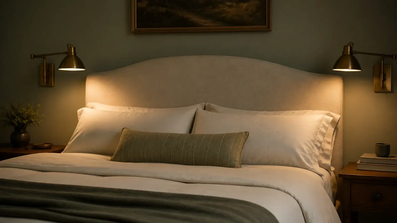pair of brass wall sconces flanking a headboard at reading height