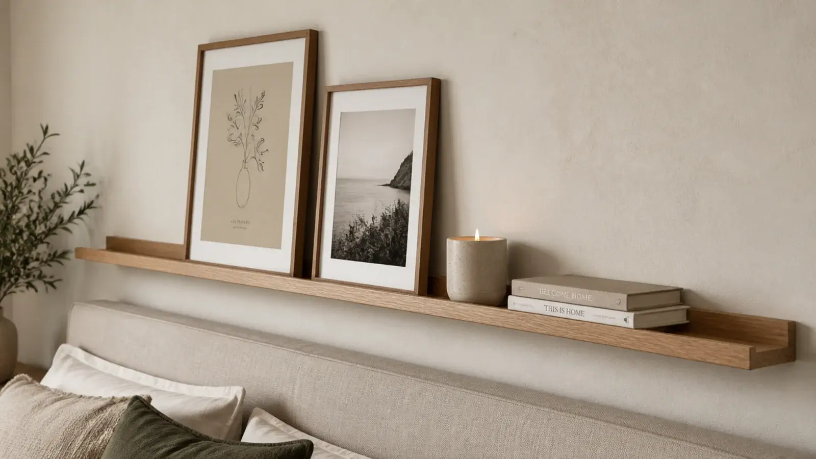 narrow oak ledge above a headboard holding leaning prints and candles