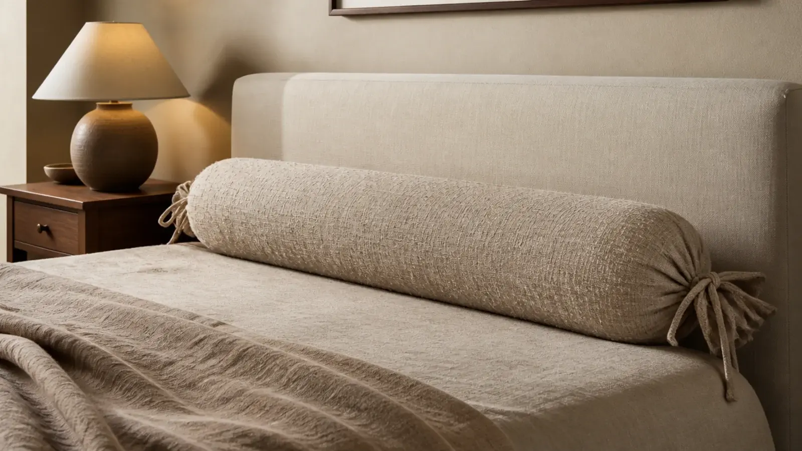 long linen bolster resting against a smooth upholstered headboard panel