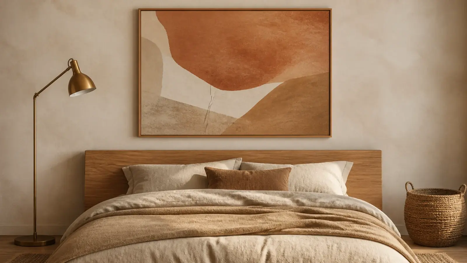 single oversized framed artwork centered above a low headboard panel