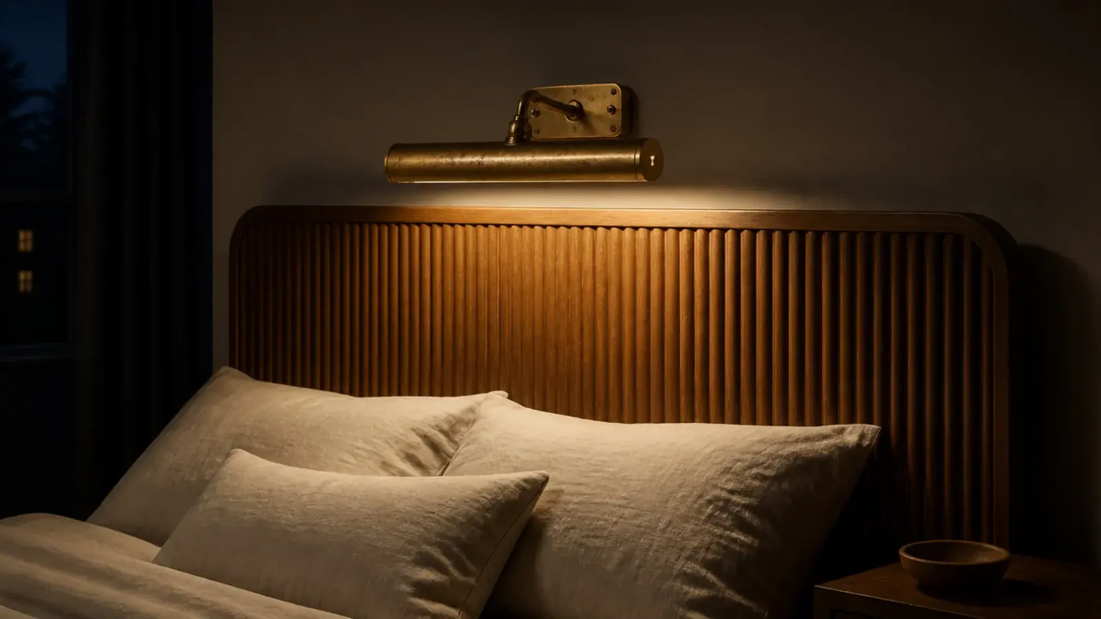 brass picture light washing warm light down a textured headboard panel