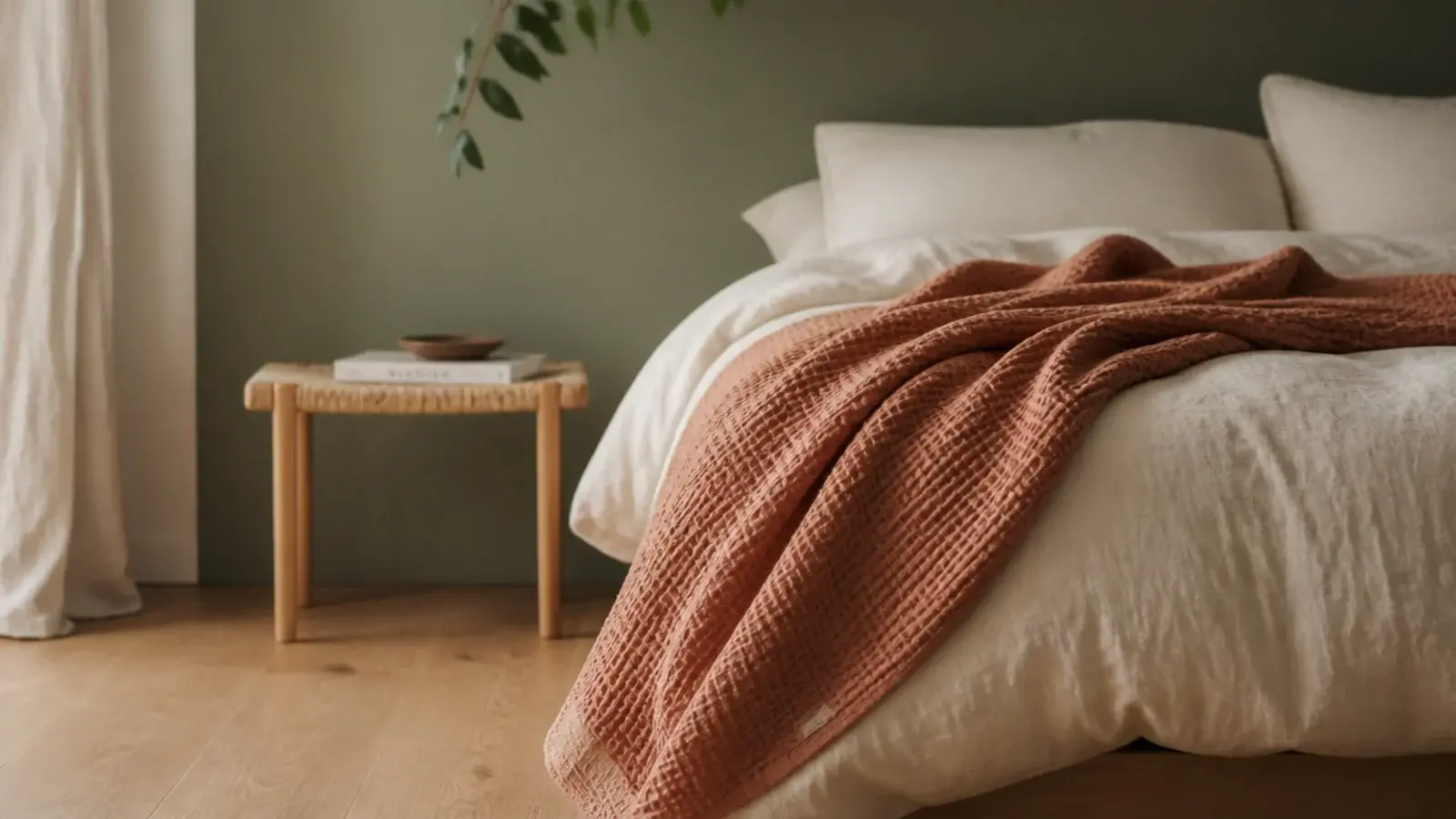 waffle throw draped diagonally across one corner of a made bed