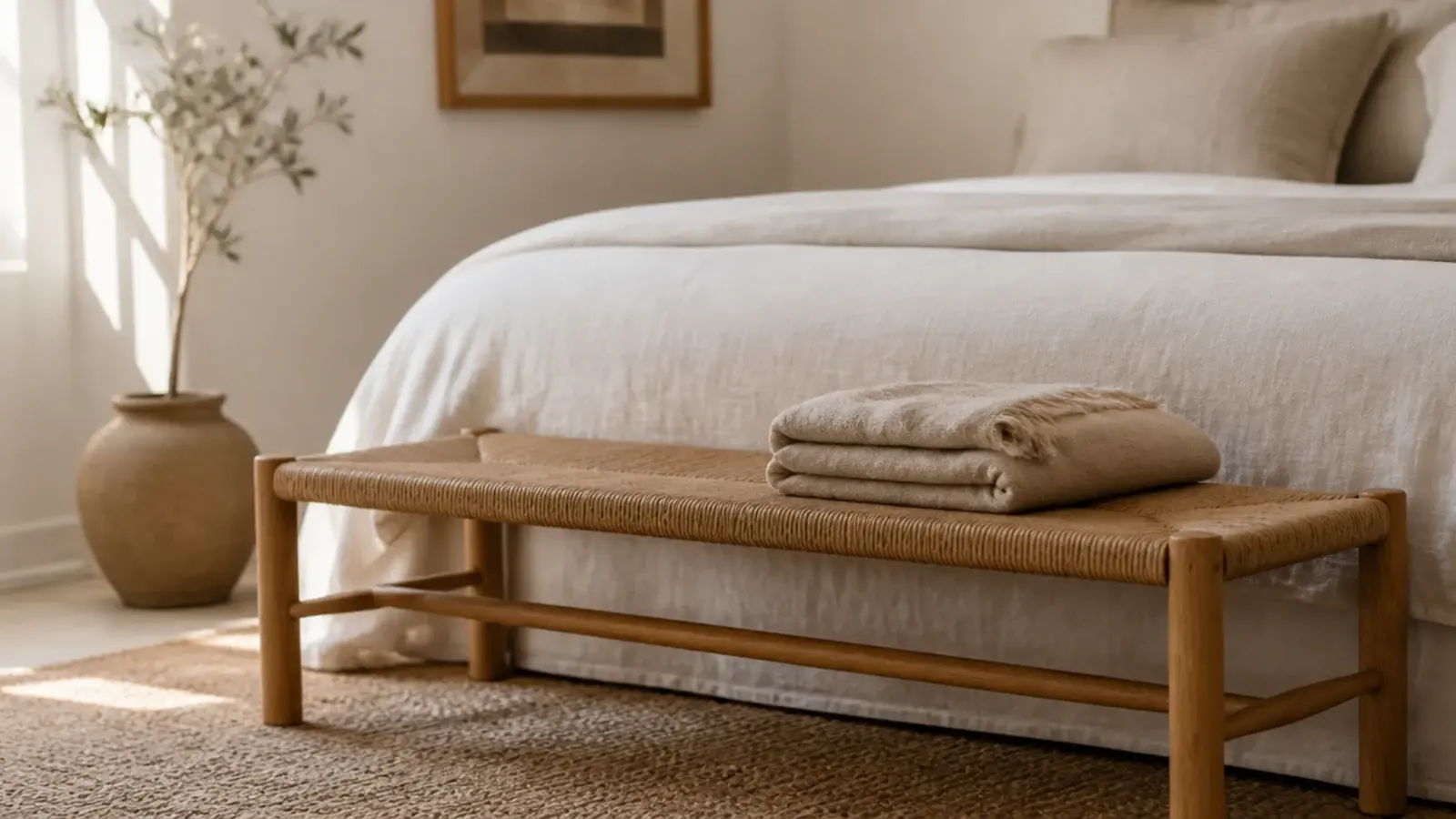 woven oak bench sitting at the foot of a linen dressed bed