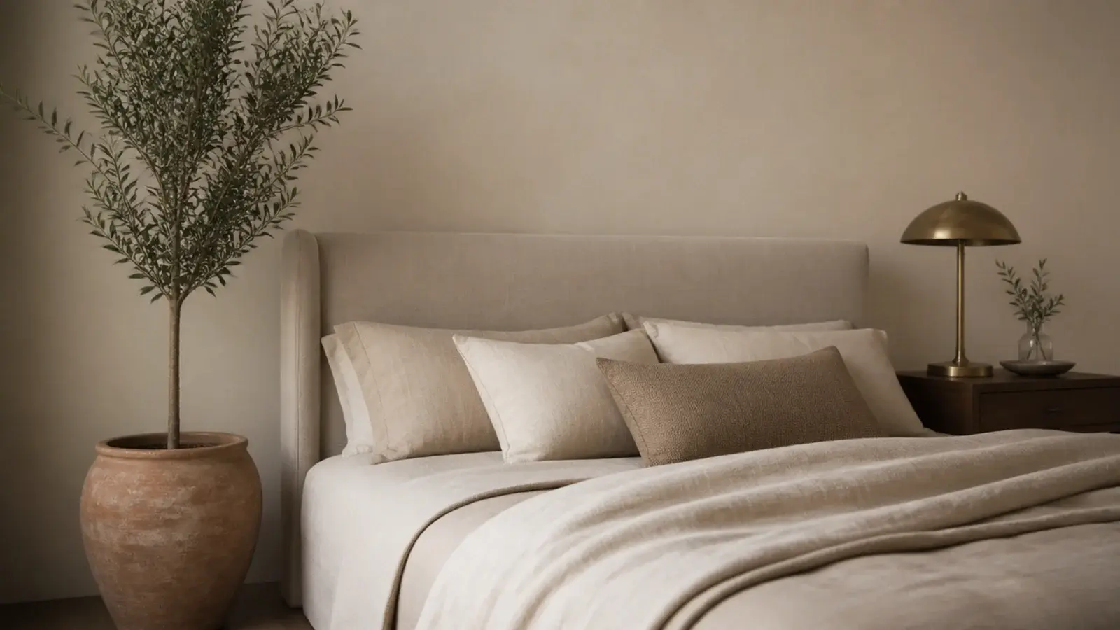 tall potted plant standing beside a bed breaking a symmetrical wall