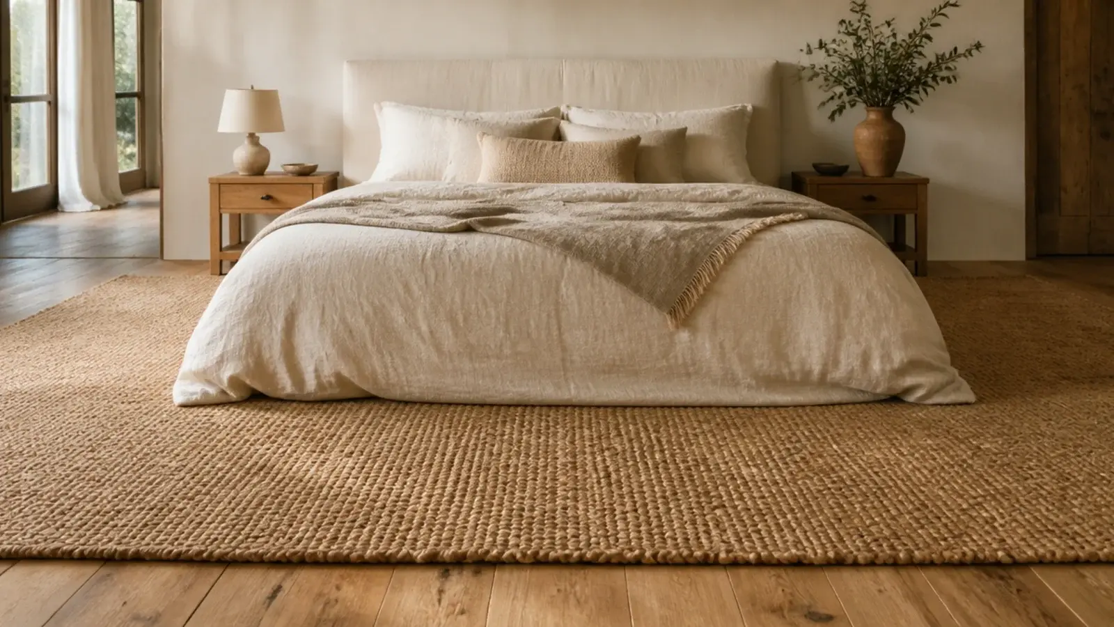 wide jute rug extending well past both sides of a bed