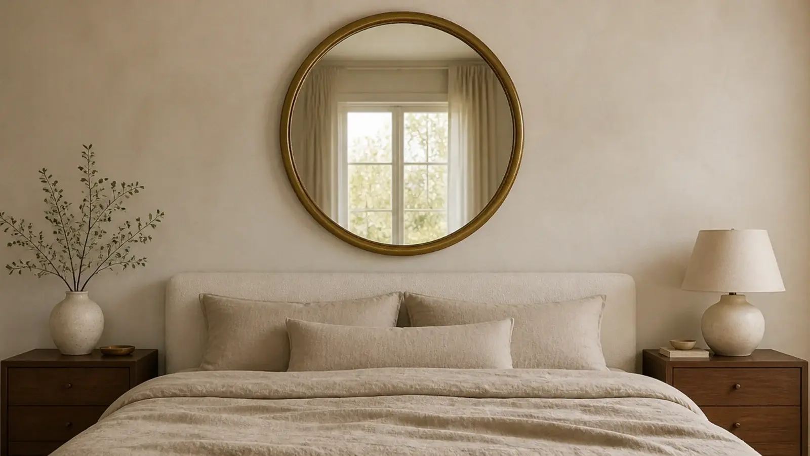 round brass framed mirror hung above a low upholstered headboard