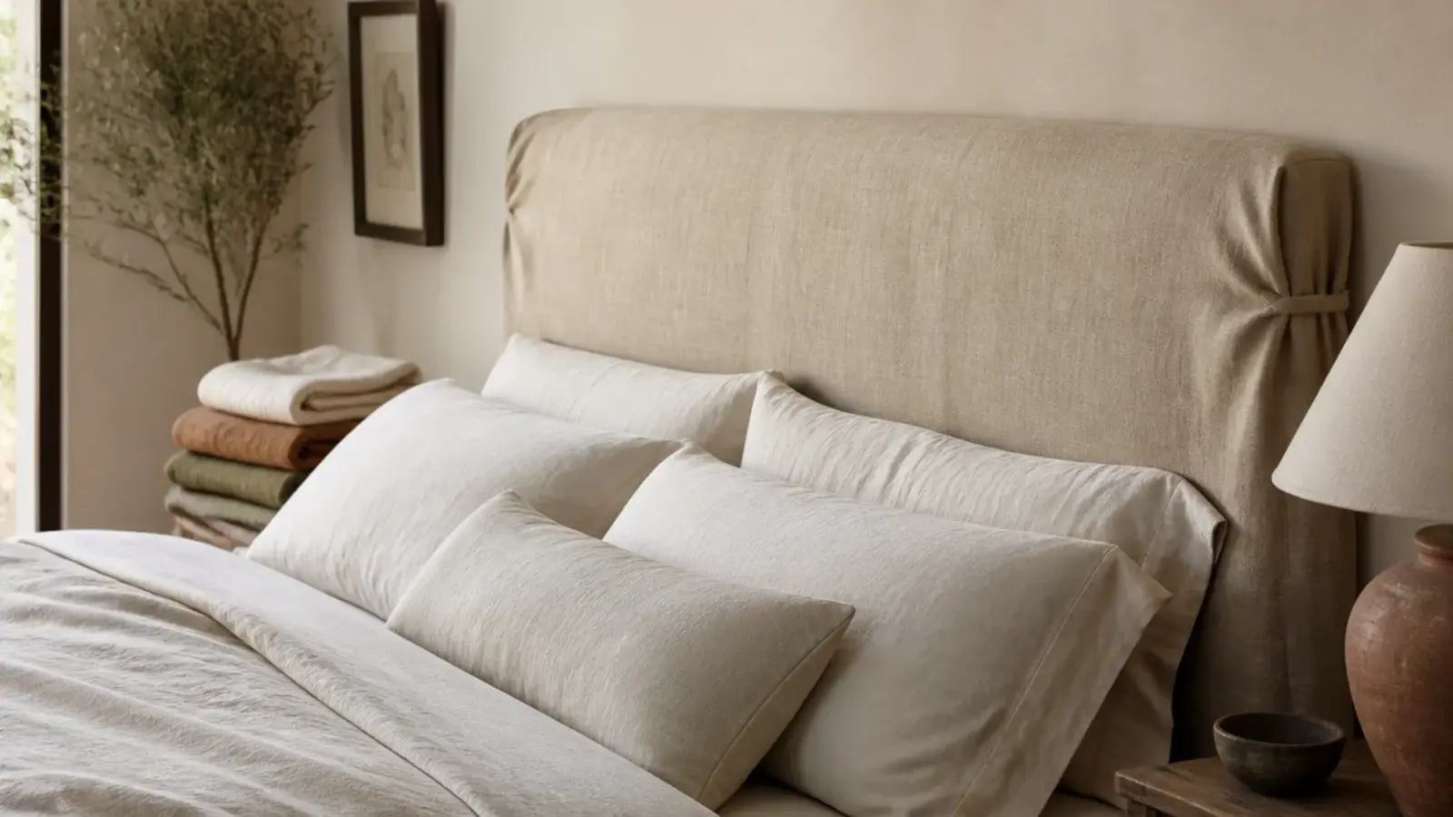 washable slipcover pulled over an upholstered headboard in warm sand