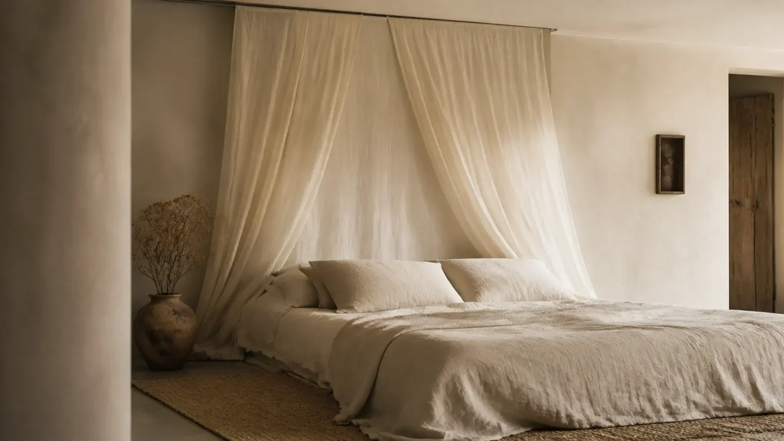 sheer linen canopy hung from a ceiling track above a bed