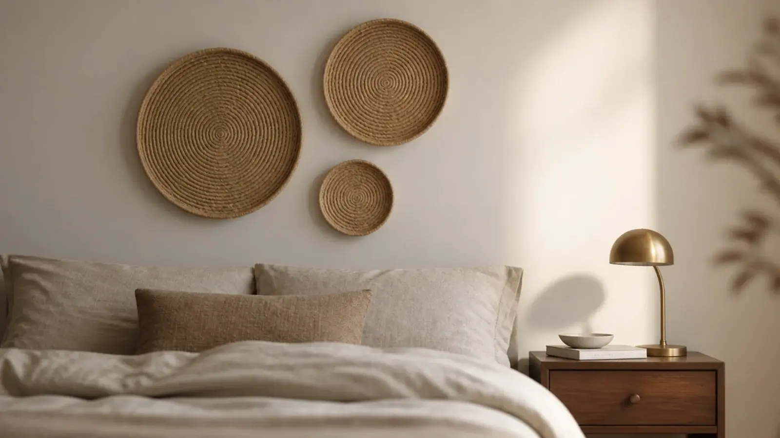 three flat woven baskets grouped on the wall above a bed