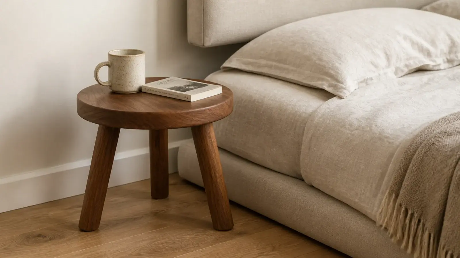 small wooden stool used as a nightstand beside a low bed