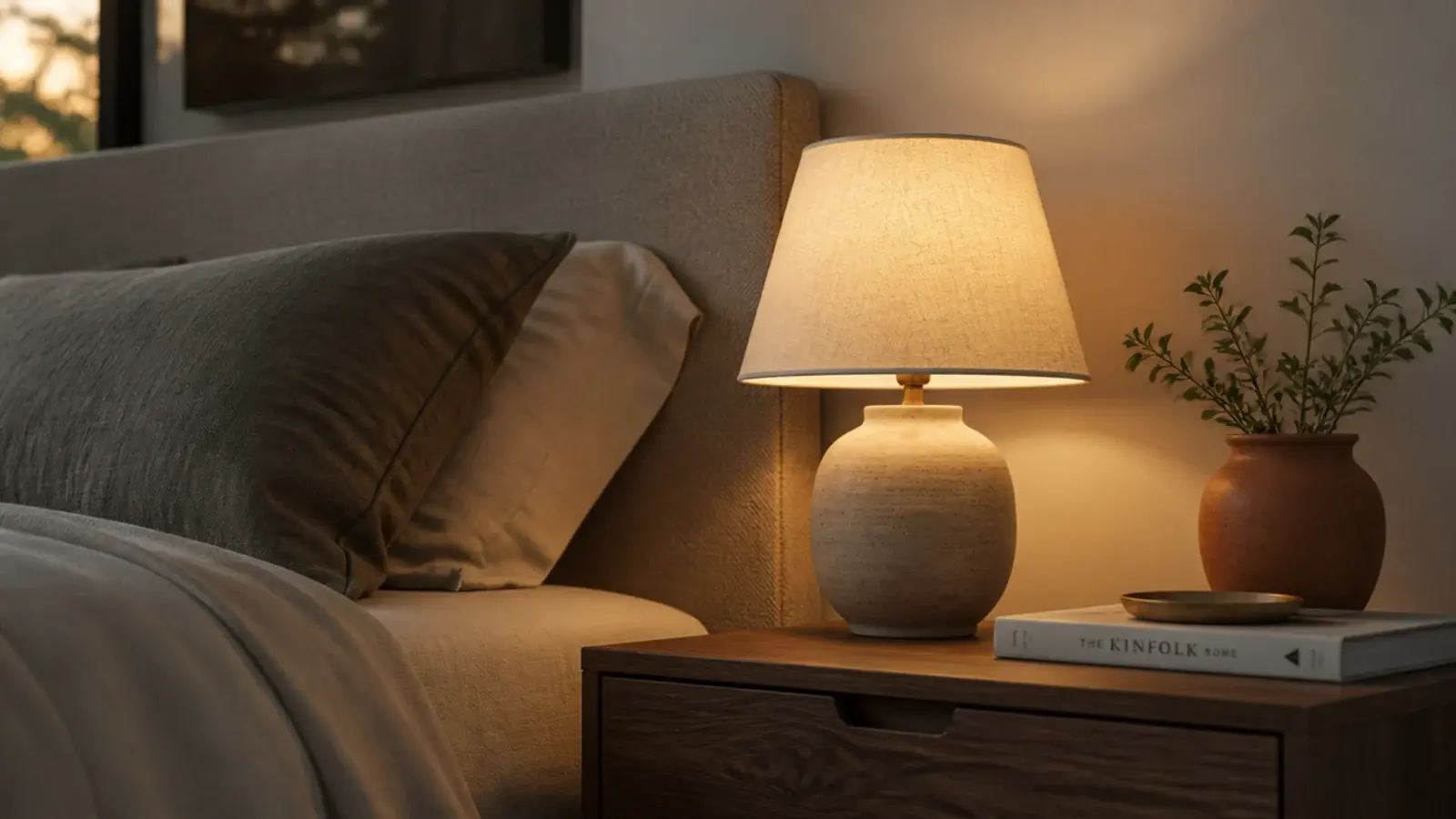 warm bulb glowing in a ceramic bedside lamp beside a headboard