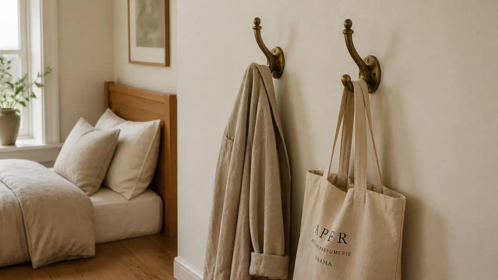 two brass wall hooks beside a bed holding a linen robe