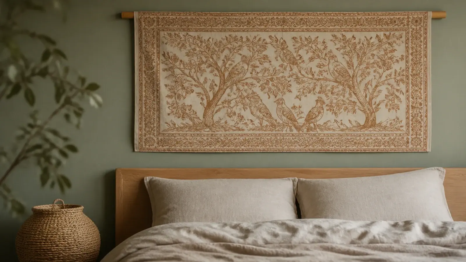 block printed cotton tapestry hung above a low wooden headboard