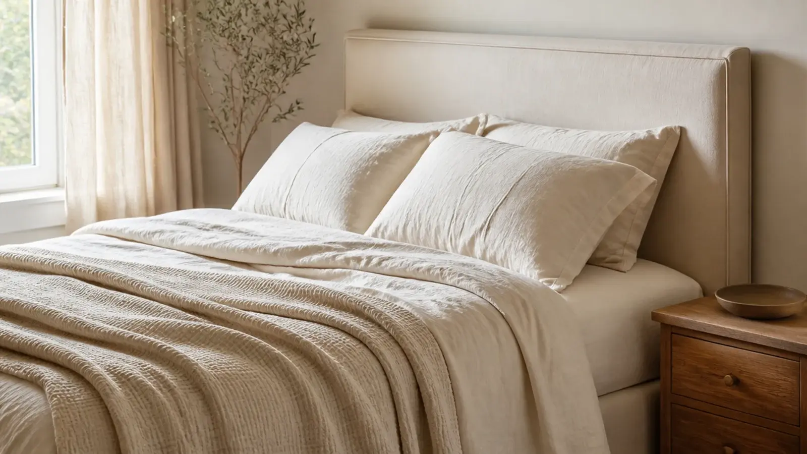bed dressed in two textures of linen and waffle cotton only