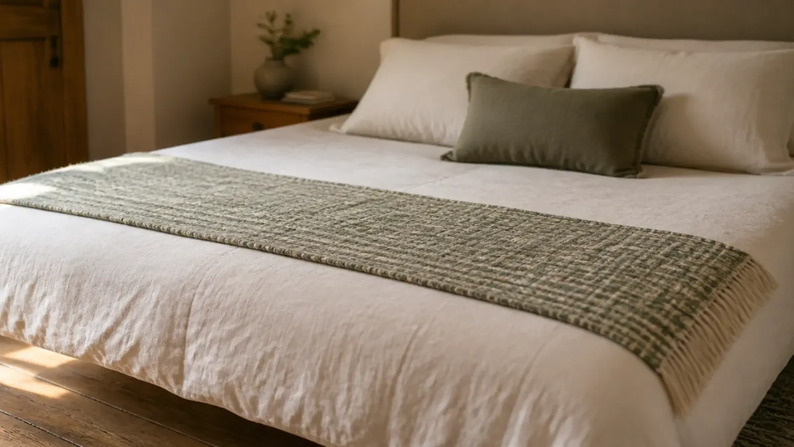 folded wool runner laid neatly across the foot of a bed