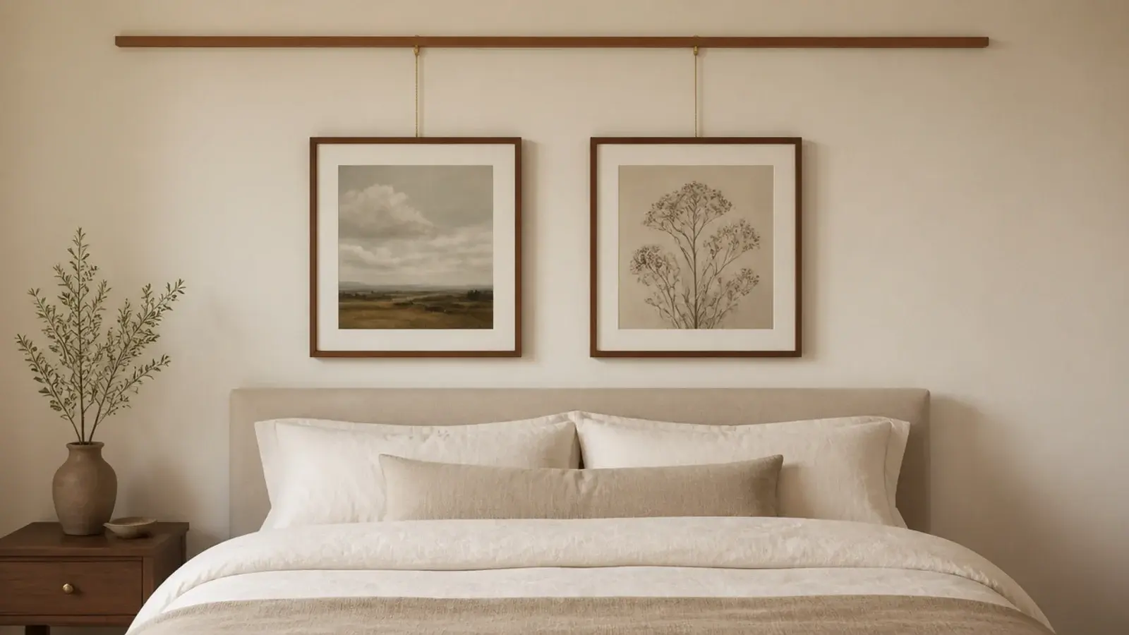 slim picture rail above a bed holding prints on hanging cords