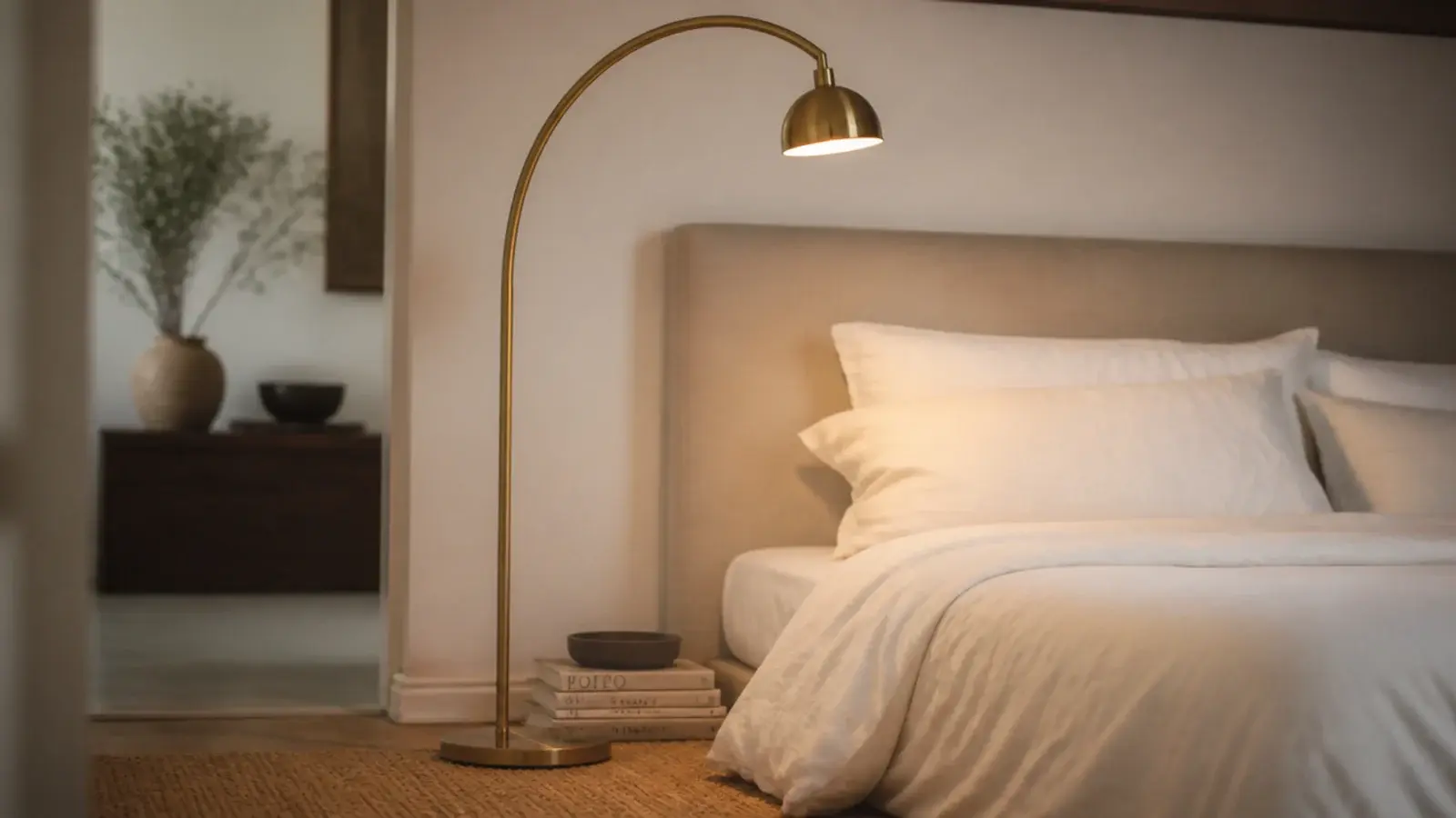 arched brass floor lamp curving over one corner of a bed