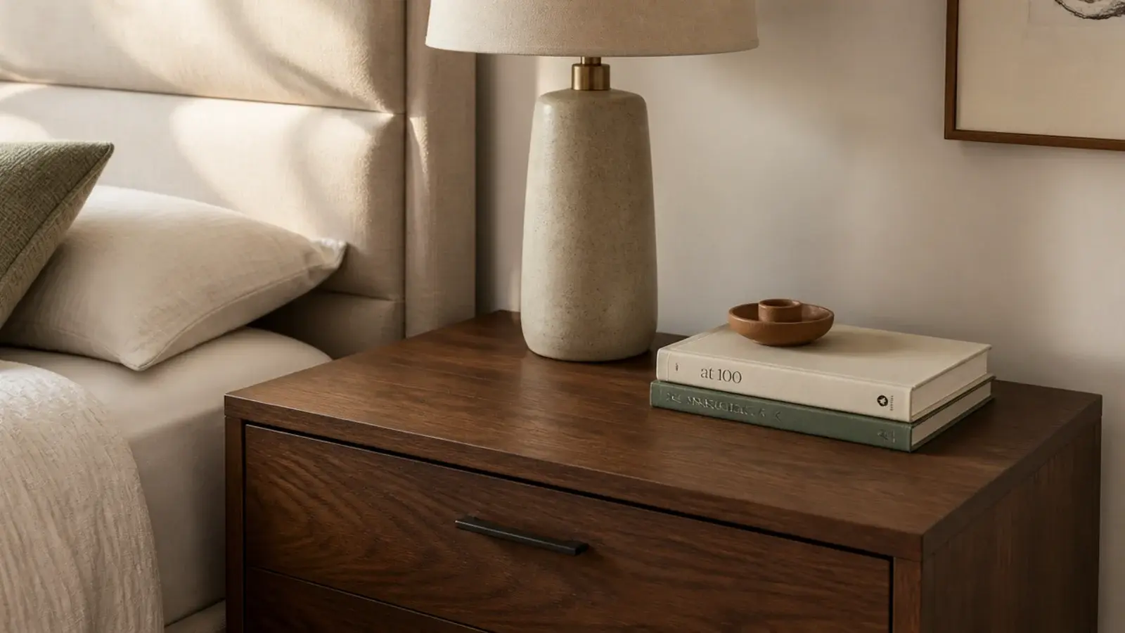 nightstand styled with a lamp a book and a small dish