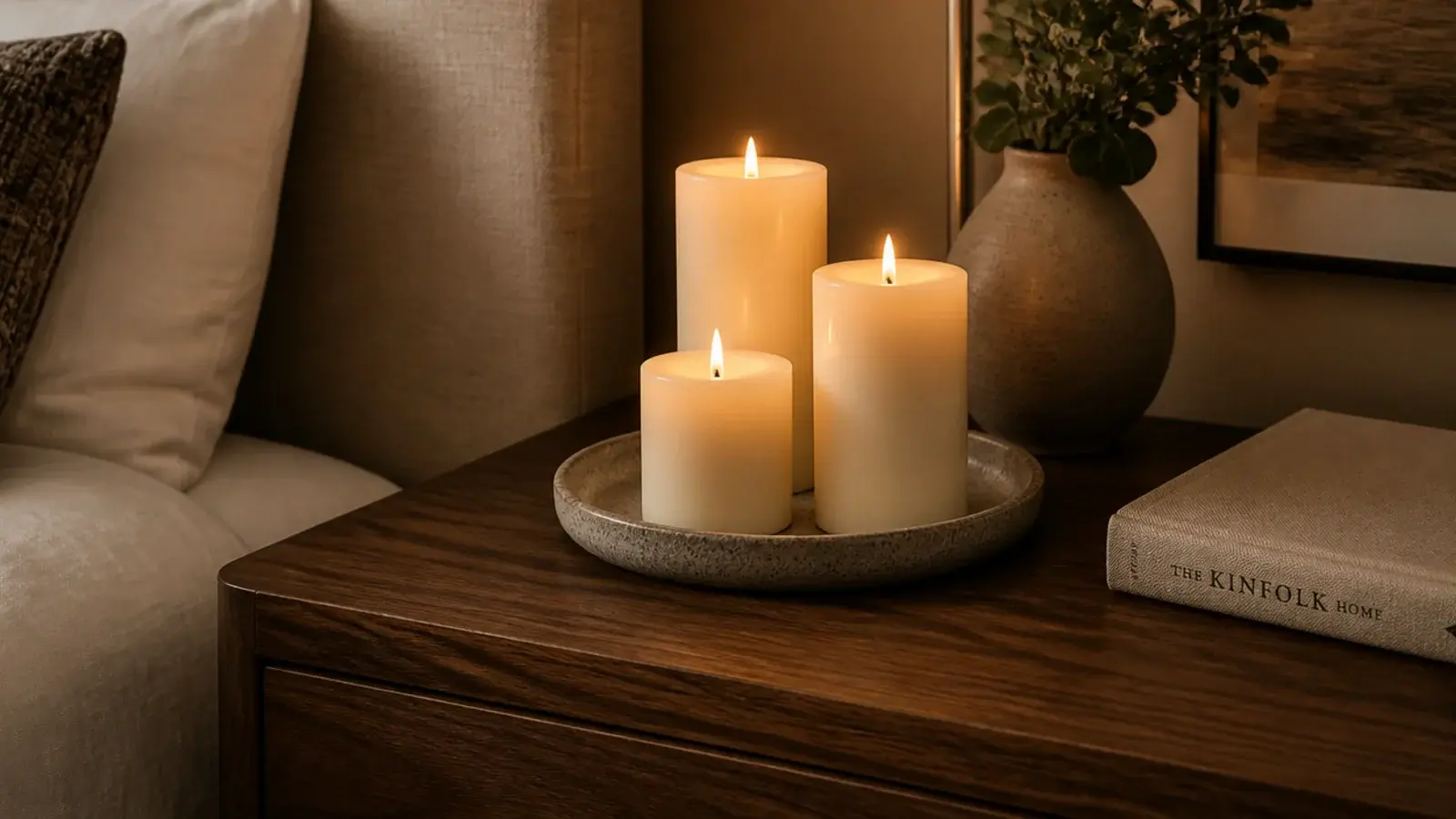 group of three pillar candles clustered on one bedside table