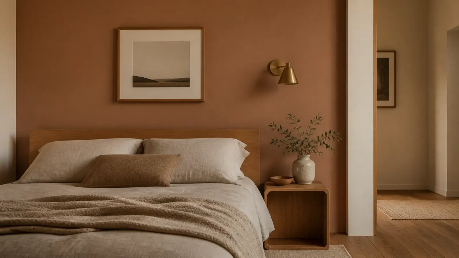 bed wall painted one shade deeper than the surrounding bedroom walls