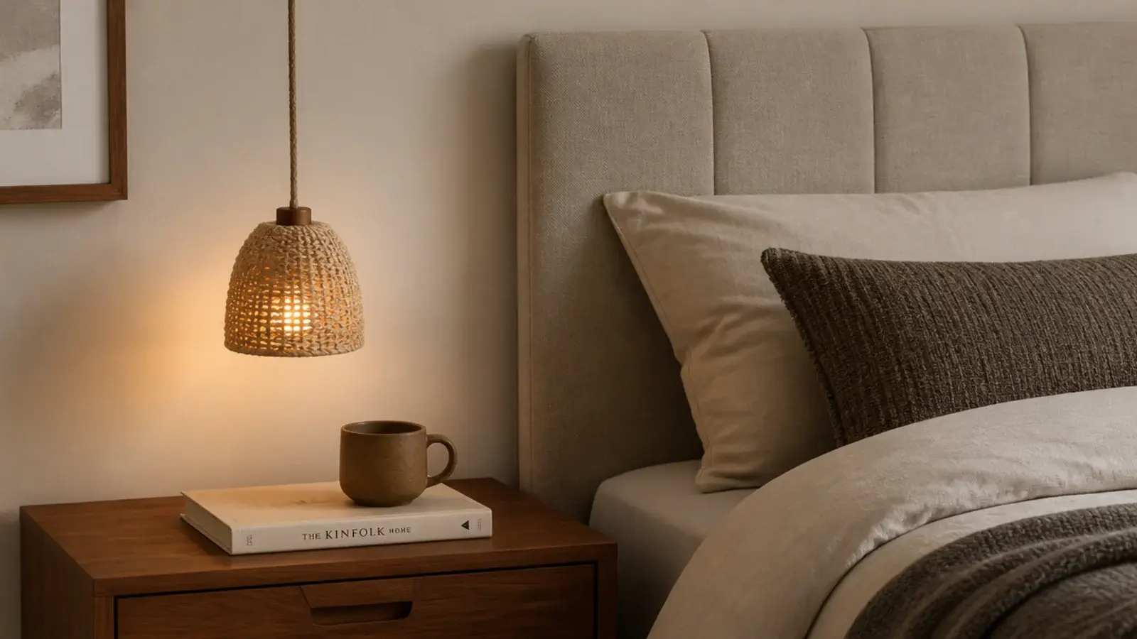 woven pendant shade hanging low beside a bed as bedside lighting