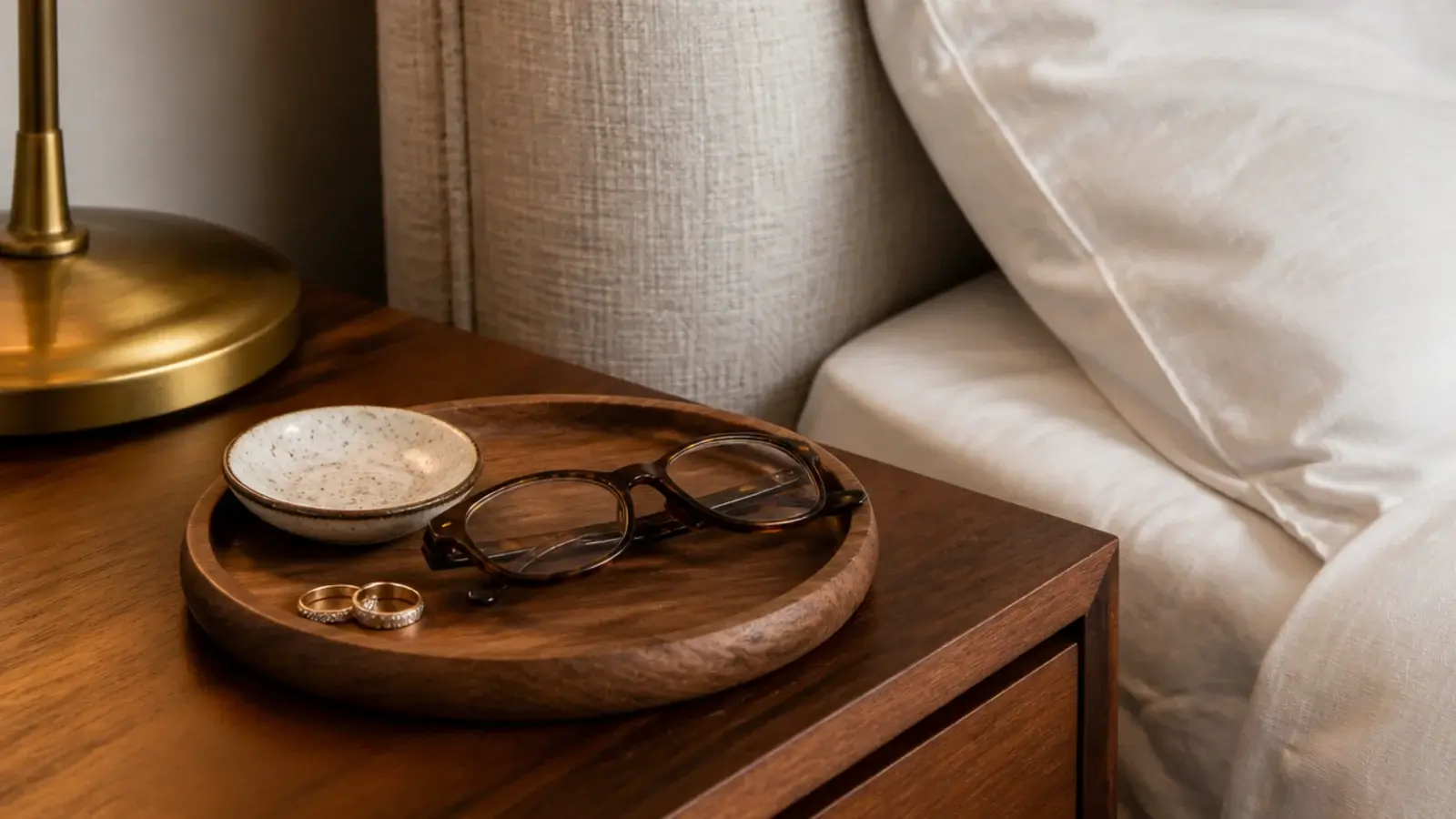 small wooden tray on a nightstand containing rings and a watch