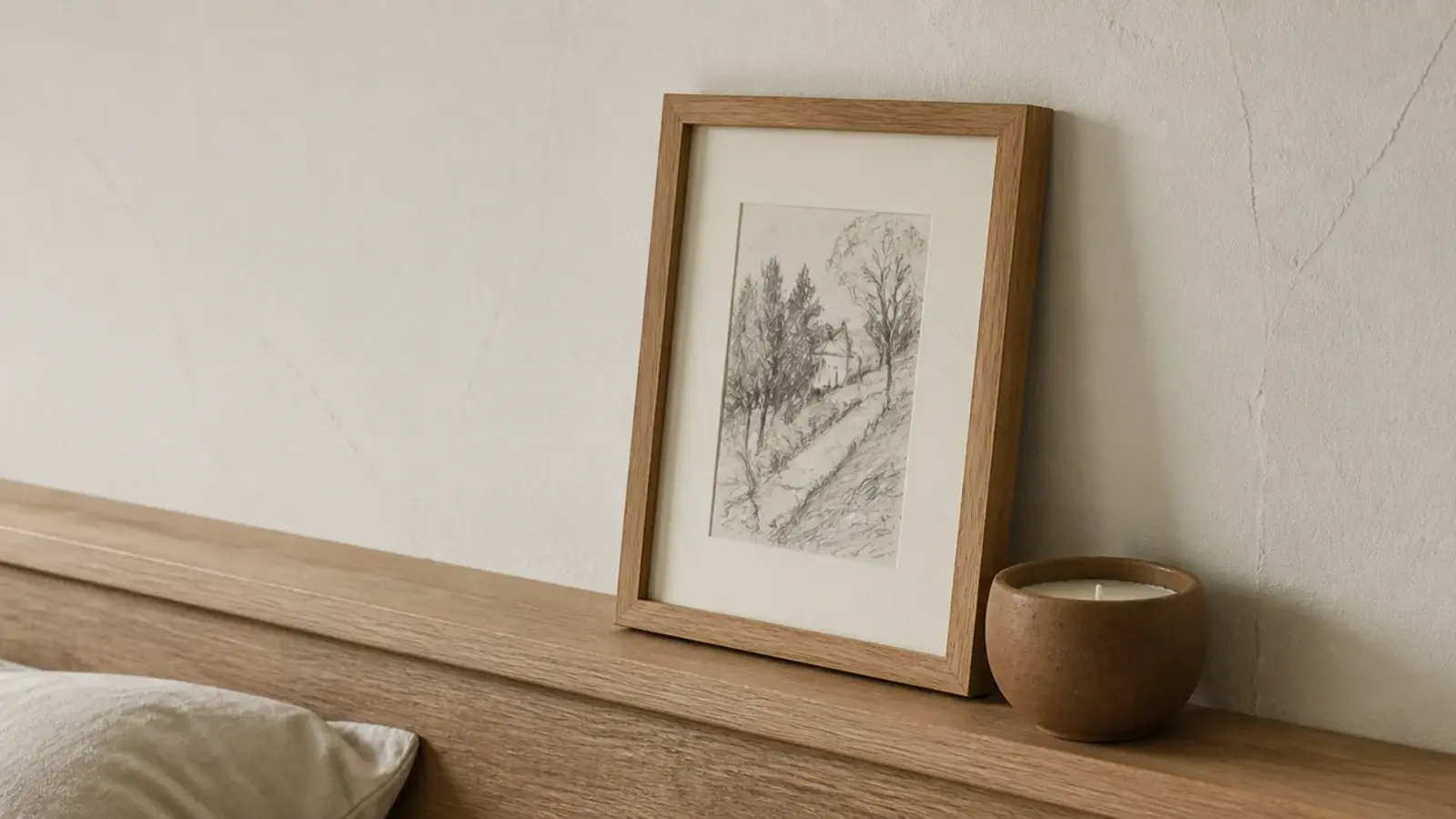 small framed sketch leaning on a ledge above a wooden headboard