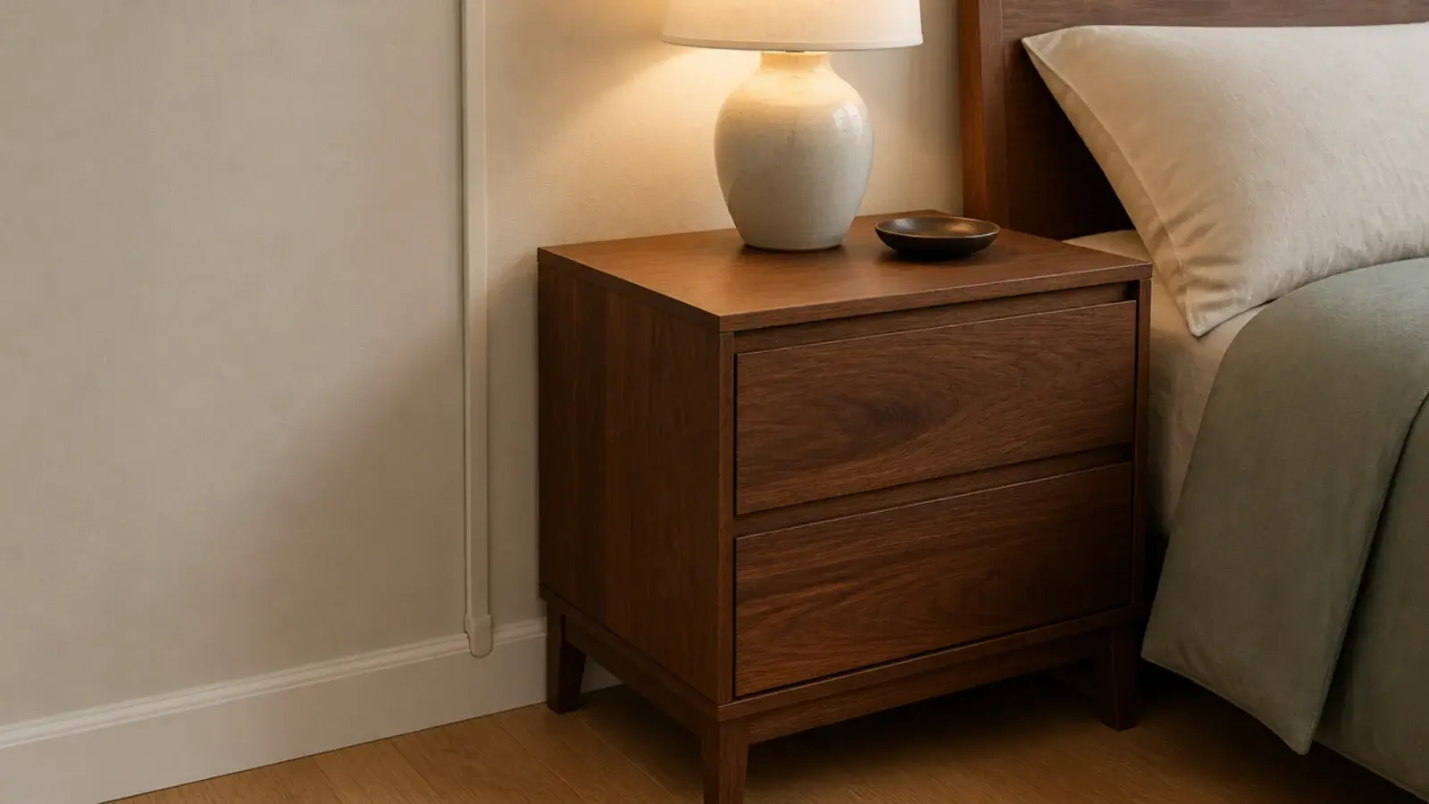 cable channel painted the wall color running behind a bedside table